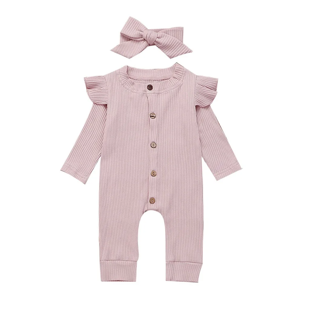

Newborn Infant Baby Girl Boy Ribbed Cotton Romper + Headband Ruffle Solid Jumpsuit 2pcs Outfit 2019 Spring Autumn Baby Clothes