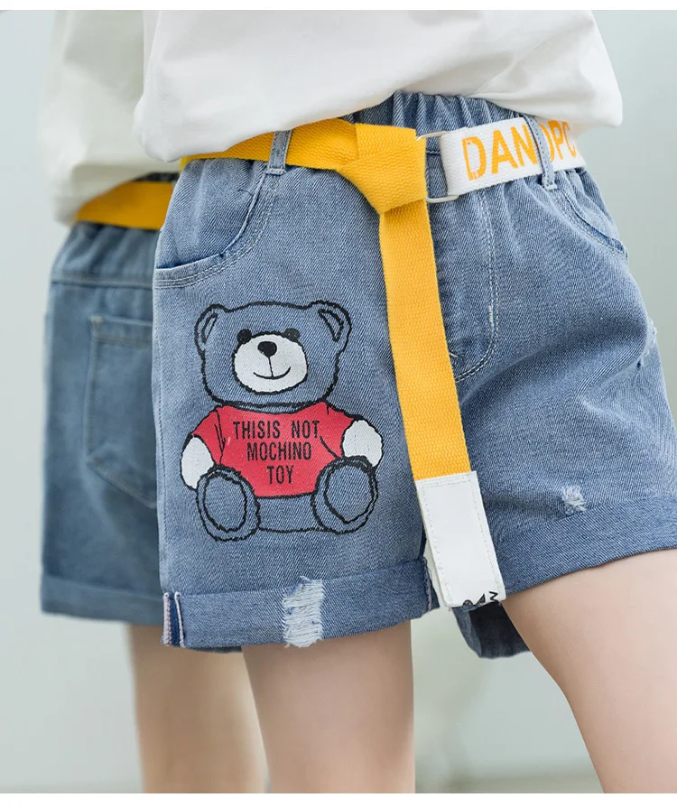 Girls Jeans Shorts Fashion Cartoon Print Hole Matching Belt Girls Summer Shorts for Girls 8 12 Child Teen Denim Short Pants