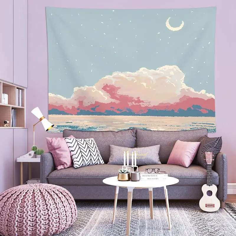 Moon Cloud Tapestry Kawaii Home Decor Room Decor Sea Scenery Wall ...