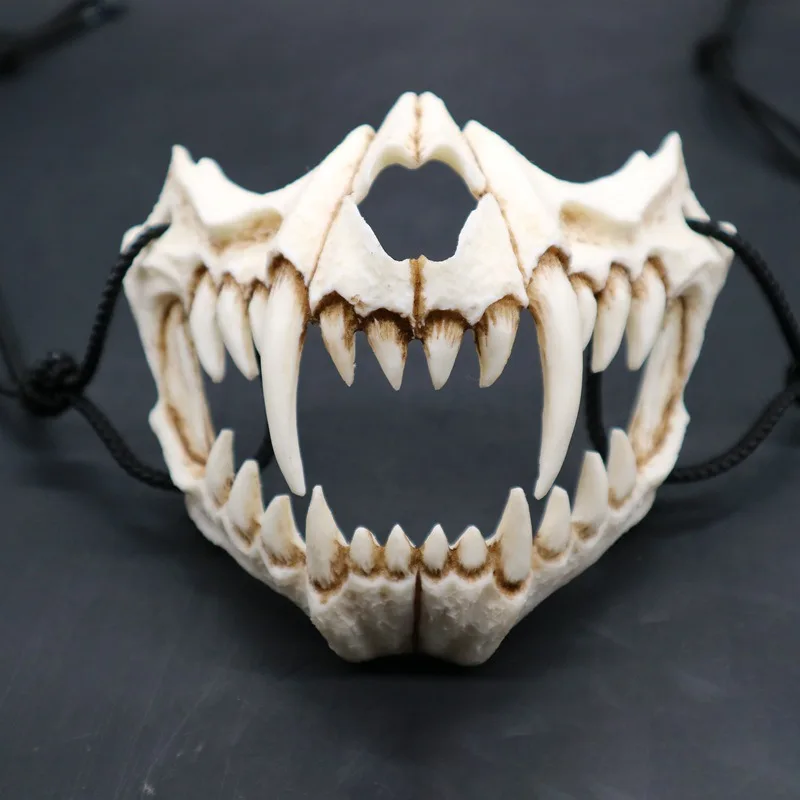 Маска на половину животного с длинными зубами демон Самурай белая маска с костью тенгу Дракон Якса тигр Смола Маска Косплей