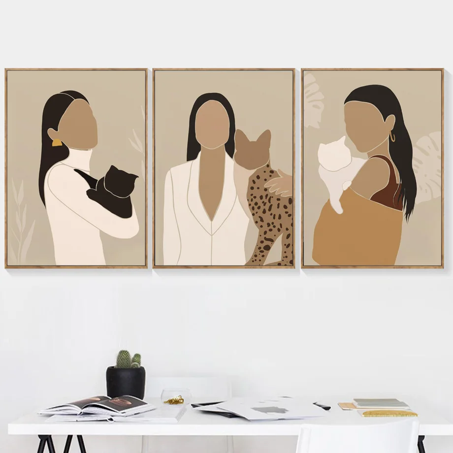 Long-haired-Fashion-Woman-And-Ocelot-Black-Cat-White-Cat-Canvas-Painting-Wall-Art-Poster-And