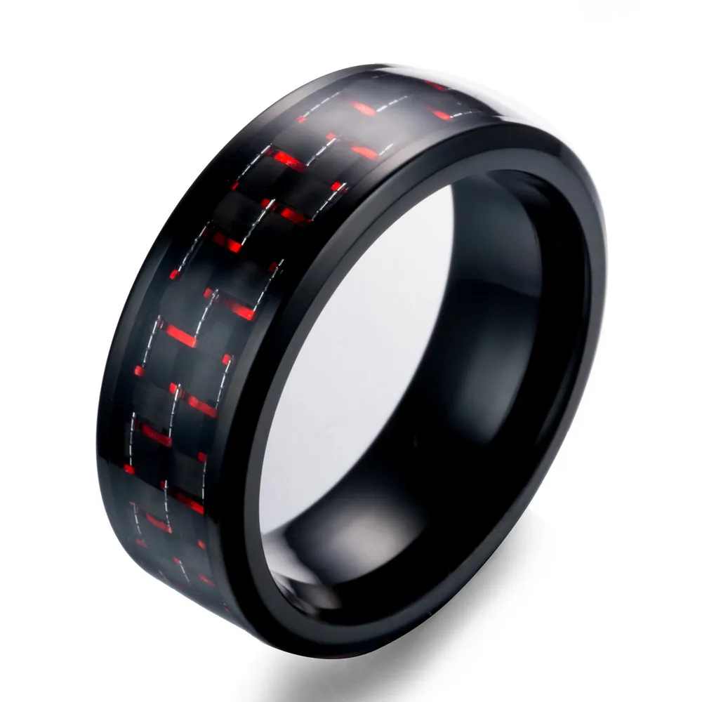 Black Red Titanium Steel Black Carbon Fiber Rings Men Jewelry Punk Statement Rings for Party Wide 8mm Wedding Bands finger ring,wedding rings,wedding ring