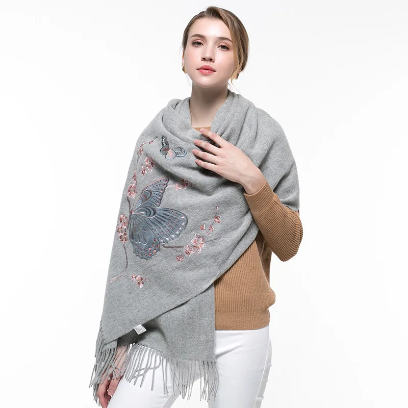 Зимний шерстяной шарф с вышитой бабочкой женский из овечьей шерсти женские шали