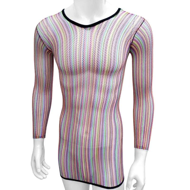 

Exotic rainbow Clubwear See Through Babydoll Sissy Lady Men Lingerie long sleeve Sheer Stripe Fishnet Chemise zigzag pattern