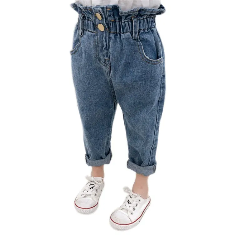 Повседневные джинсы с эластичной резинкой на талии для маленьких девочек; джинсовые штаны; модные синие брюки для девочек; сезон лето-осень; Прямая поставка