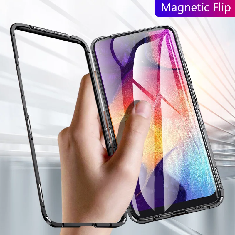 

Magnetic Adsorption Flip Case For Samsung Galaxy A20 A30 A50 2019 Metal Magnet Back Tempered Glass A 20 30 50 Coque Fundas