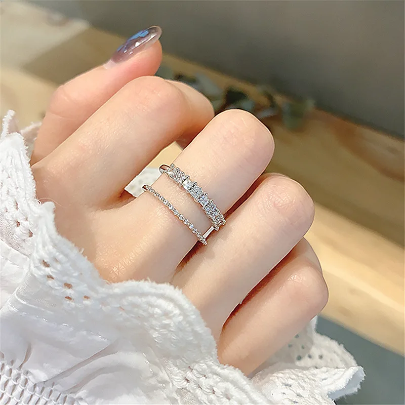 Etrendy New Double Layers Rings For Women Korean Styles Micro Pave