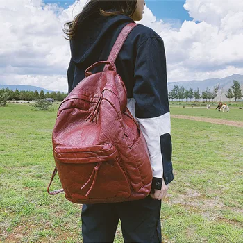 

2019 New Style Korean-style Simple Travel Bag Versitile Fashion Backpack Casual Washed Leather WOMEN'S Bag