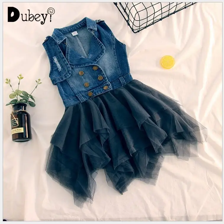 

Toddler Girl Denim Dresses Little Girls Denim Tulle Patchwork Sleeveless Dress Baby Girl Casual Fashion Dress Kids Clothing