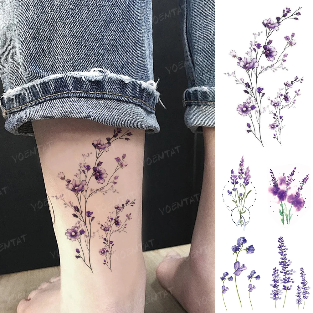 Waterproof Temporary Tattoo Sticker Watercolor Realistic Lavender Daisy Flower Plant Tatoo Woman Child Kid Ankle Fake Tatto Man