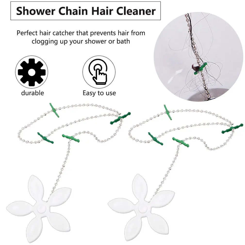Useful 2pcs Shower Chain Hair Cleaner Wig Kitchen Sink Filter Drain Hair Catcher Bathroom Bathtu Hair Removal Tool