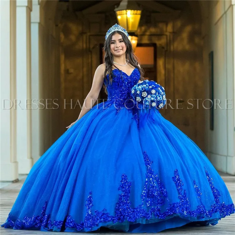 Royal Blue Princess Quinceanera Dresses Sequins Lace Beaded Sweetheart Lace-up Corset Birthday Party Dresses Sweet 16 Dress