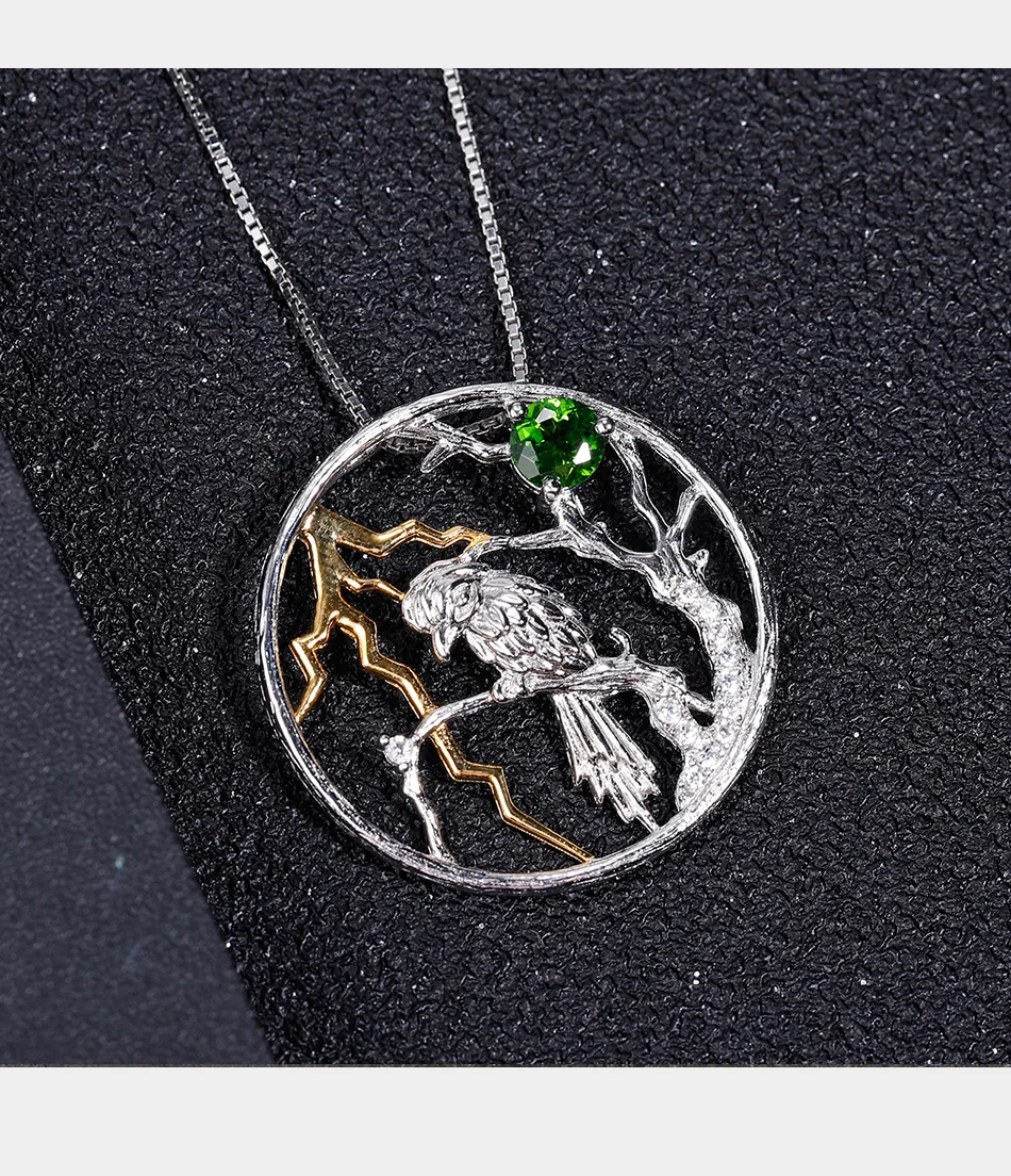GEM'S BALLET 925 Sterling Silver Natural Chrome Diopside Bird on the Tree Handmade Pendant Necklace For Women Halloween Jewelry