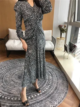 

New Women V-neck Midi Dress ladies Early Spring 2020 Vintage Printted pleated Female Slim Waist irregular Long Dresses