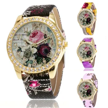 

Rose Pattern Leather Band Analog Quartz Vogue Wristwatches Ladies Watches Concise Diverse Fashion Color Women Watch
