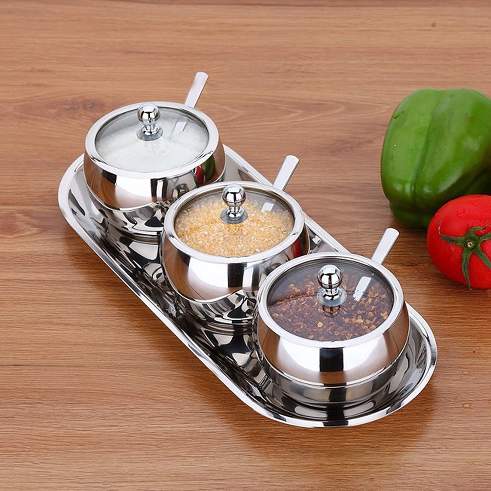 

Stainless Steel Sugar Bowl Seasoning Jar Condiment Pot Spice Container Canister Cruet with Lid Spoon Kitchen Tools Gadgets Can