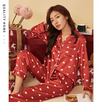 

New Silk Satin Pajamas For Women Pajamas Sexy Sleepshirts Red Sleepwear Suit Leisure Pajamas Set Women Soft Homewear Lounge Wear