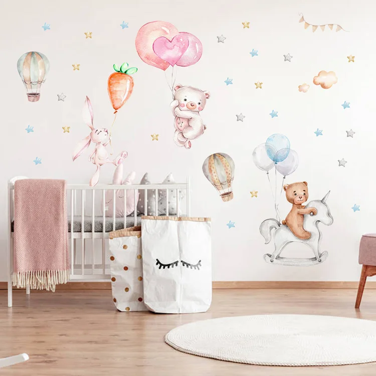 Cartoon-Ballon-Stern-Häschen-Bär-Wandaufkleber Kinderzimmer-Tapete Baby-Schlafzimmer Wohnzimmer-Dekoration Niedliche Tier-Hausaufkleber – Detail 4