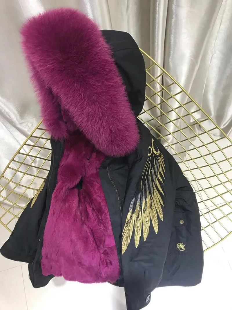 black rose purple Детский зимний комбинезон, детская зимняя куртка и пальто для мальчиков и девочек, парки из натурального меха кролика рекс с натуральным лисьим мехом, верхняя одежда с капюшоном - Цвет: black rose purple