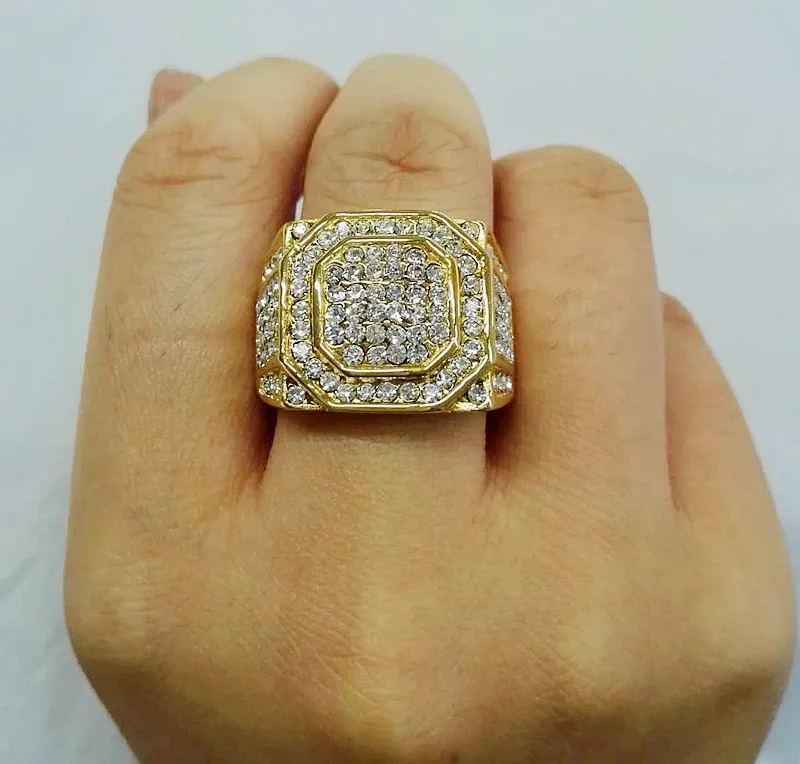Серебряные стразы в стиле хип-хоп, размер США от 7 до 13, кольцо с большим квадратным кольцом, IP позолоченное кольцо из нержавеющей стали 316 для мужчин R016