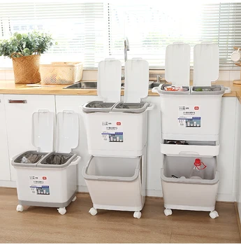 

45L Large Trash Cans Kitchen Double Layers Garbage Storage Vertical Waste Sorting Bin Wheel Garbage Bag Holder Recyclable AA60LB