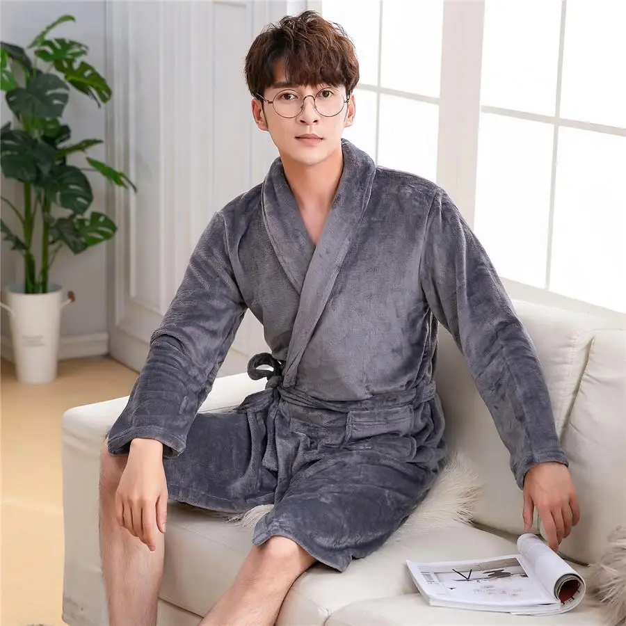 Кимоно платье большой размер 3XL зима халат для мужчин интимное нижнее белье для мужчин ультра утолщаются коралловый флис неглиже фланелевые пижамы - Цвет: Gray2 Men
