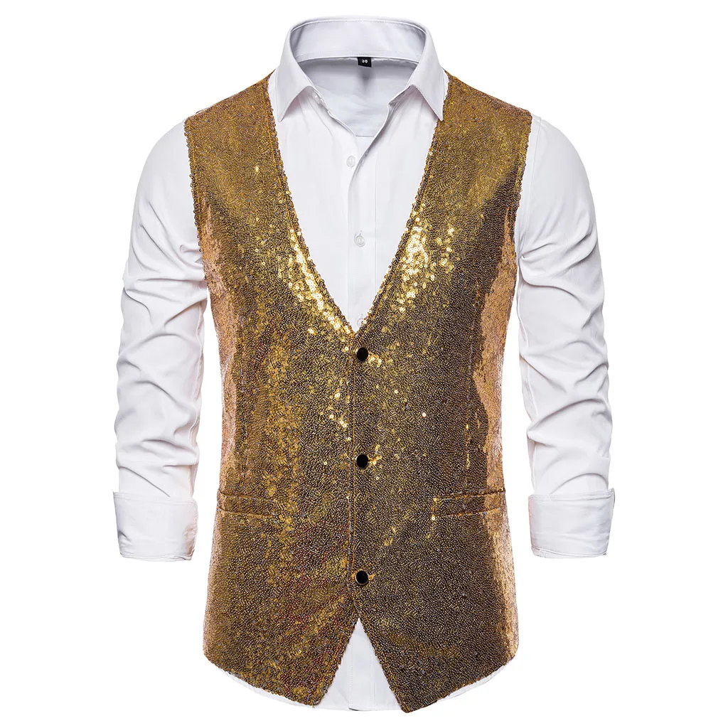 CYSINCOS 2019 Men Fashion Sequin Blazers Vest Gliter Suit Vest ...