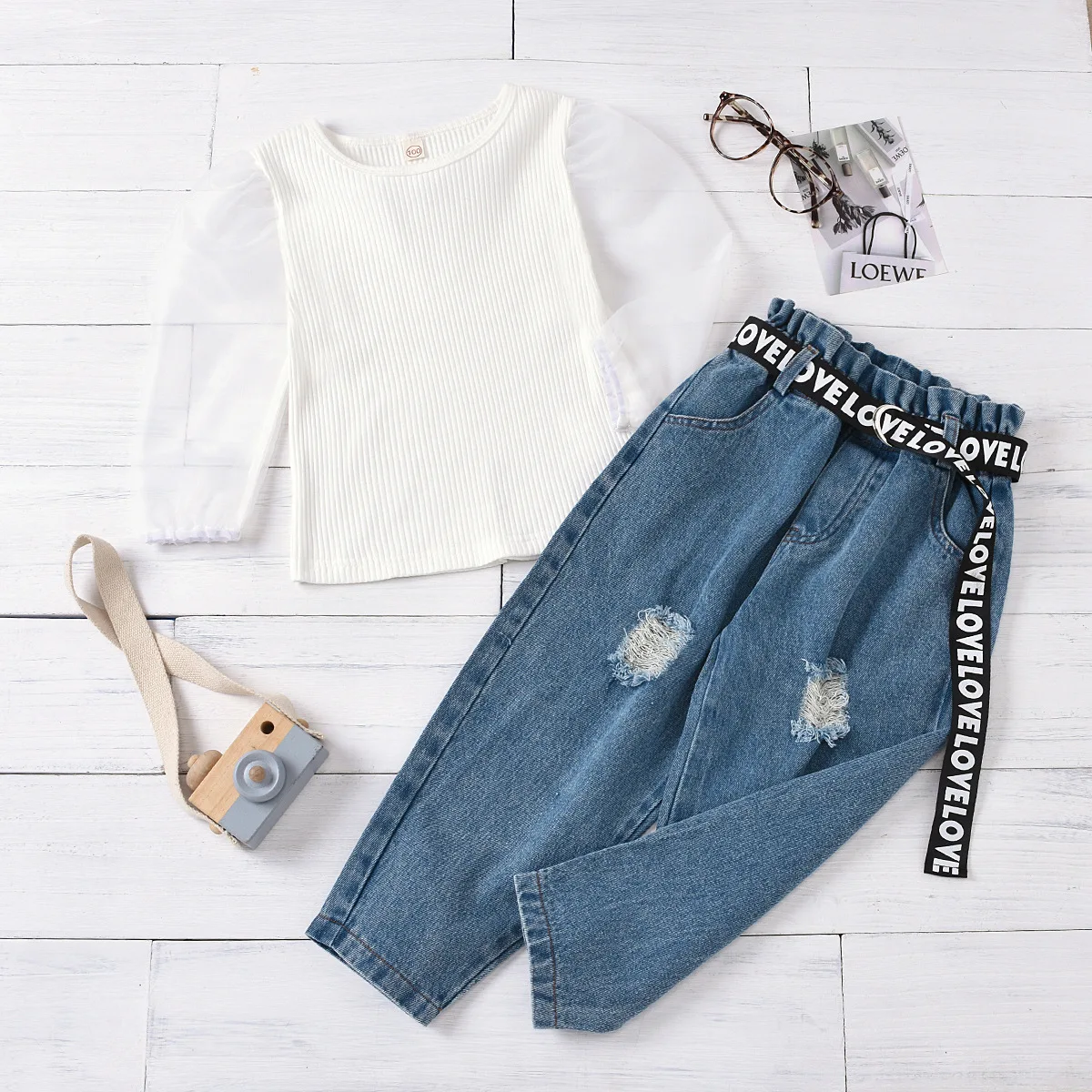 Комплект одежды для девочек модная однотонная белая футболка и джинсовые брюки с