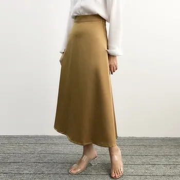 

Spring Summer Women Satin Silk Skirt Elegant Solid Color High Grade Loose Women Office Lady Yellow Skirts Womens Long Skirt