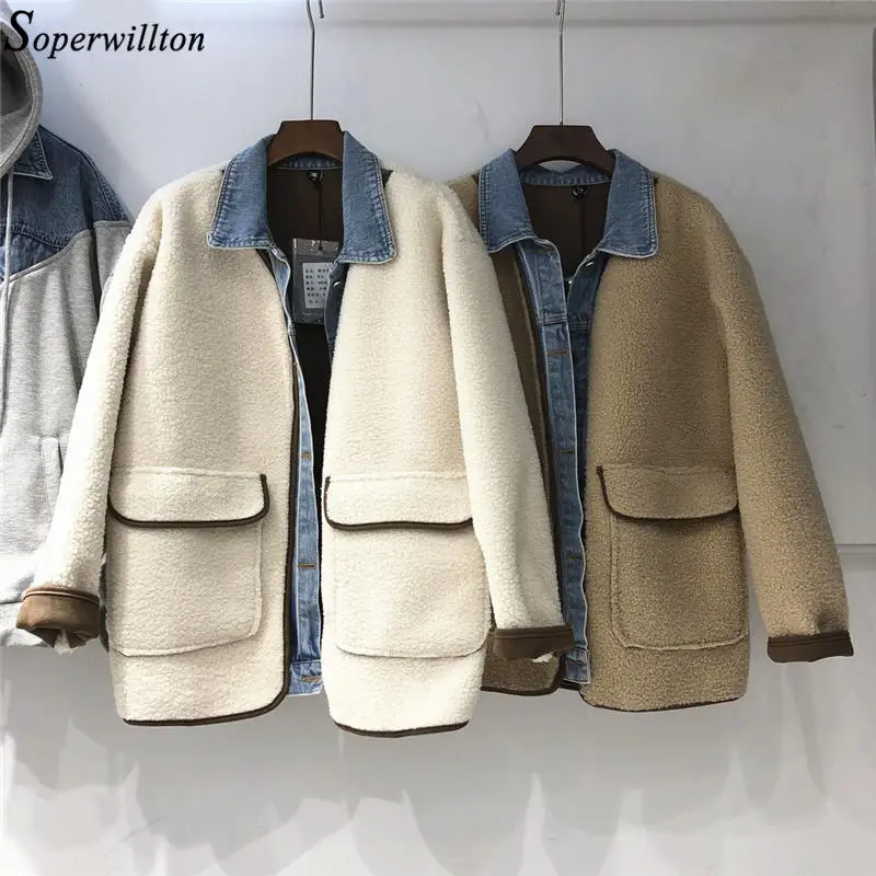 Autumn Winter Lambs Wool Coat Women Patchwork Denim Turn Down Collar Jacket Female Loose Outerwear Overcoat Abrigos Mujer