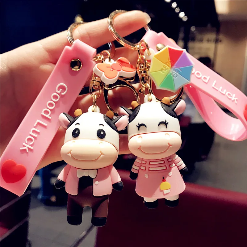 Kawaii PVC Cattle Couple Doll Keychain Cute Pink Lucky Trinket Girl Boy Pendant Bag Car Key Ring Jewelry Lanyard Accessory Gift