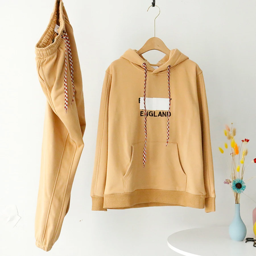 

2019 Autumn Winter Letter Pattern Women Two Piece Outfits Set Hooded Simple Design Hoodies and Sweatshirt Solid Long Style Pants