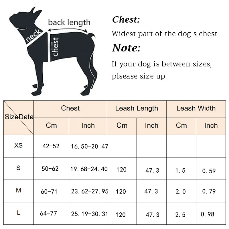 No Pull Dog Vest Harness with Leash size chart