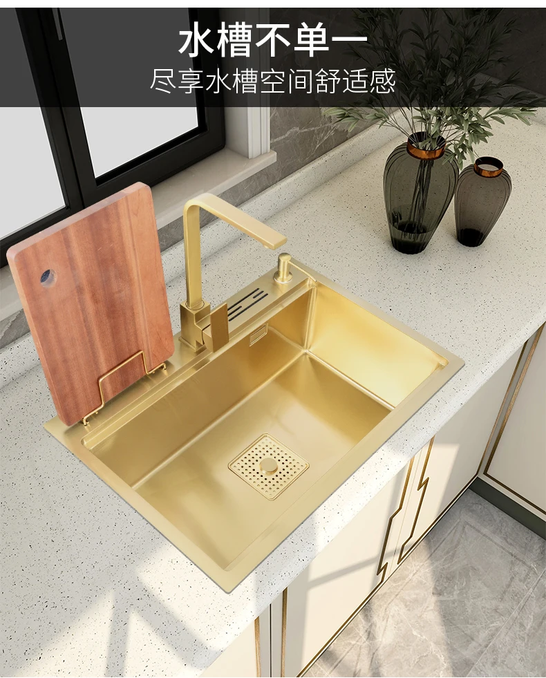 Kitchen sink brushed gold 304 stainless steel with knife holder ladder handmade single bowl gold drainer large size