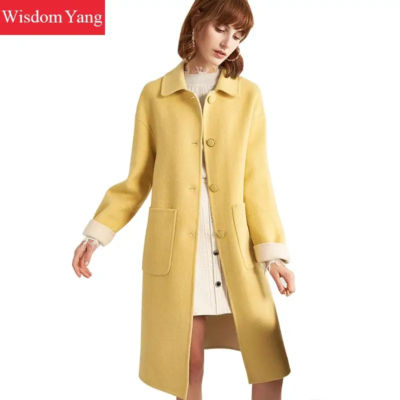 

Winter Coat Women Long Sheep Wool Fleece Yellow Green Woolen Clothes Plus Size Outerwear Overcoat Woollen Korean Coats Female