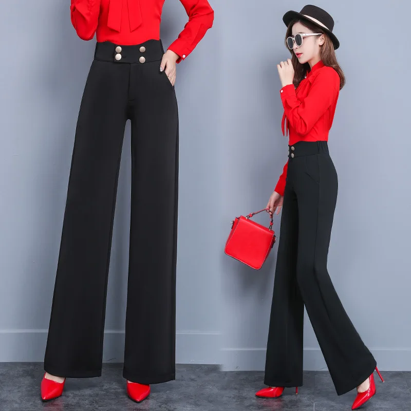 

Sheinside Elegant Black Double Breasted Straight Leg Pants Womens High Waist Long Trousers Ladies Solid Pants color black