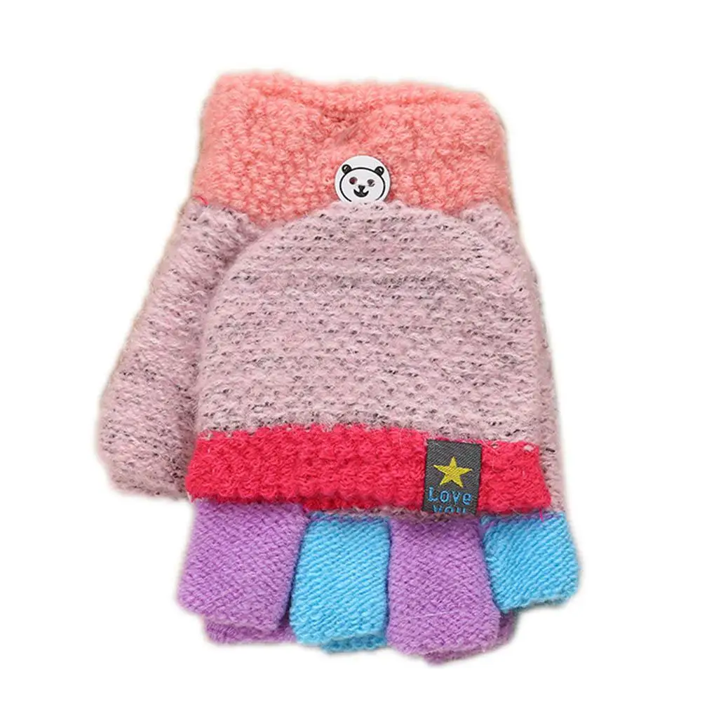 Pink Kuulee Children gloves Knitted Half Finger Warm Gloves with Finger Cover Keep warm Knitting 4-12 year-old - Цвет: Pink