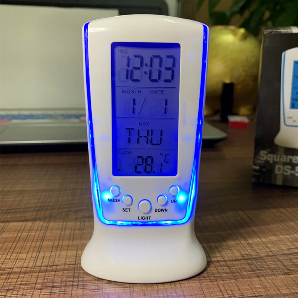 Noche azul LED Digital con calendario, termómetro, pantalla LCD, alarma de música, reloj de mesa de escritorio