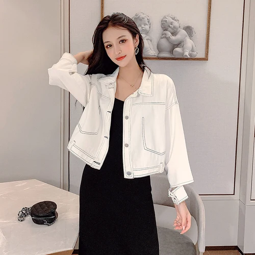 

2019 Autumn Jacket Women Korean Style Brief Hollow Out Long Sleeve Short Oversized Denim Jacket White Jeans Jacket Pink C231