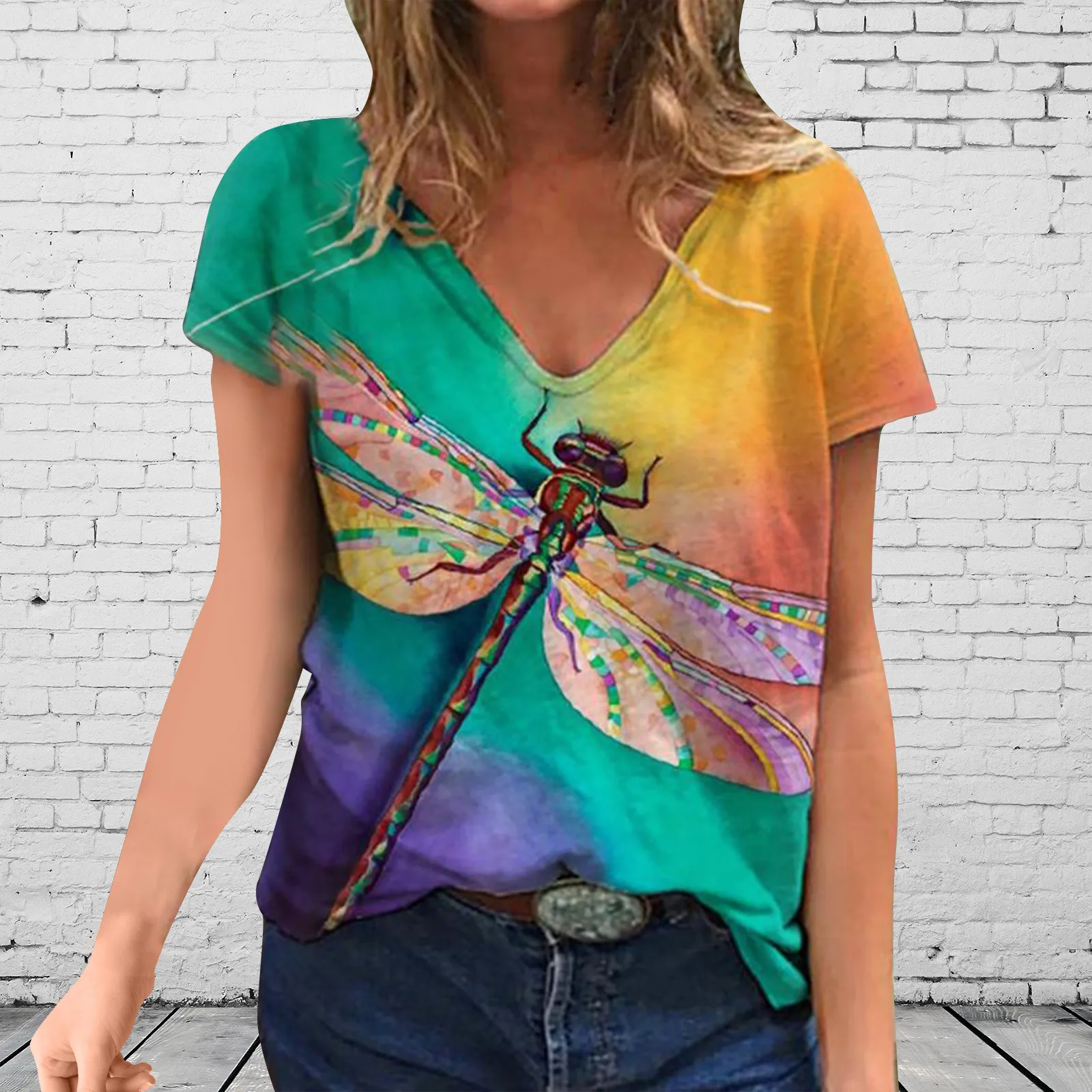 Blusa Harajuku de talla grande para Mujer, camisa de manga corta con estampado de libélula, Tops con cuello en V, camisas Vintage para Mujer, D02