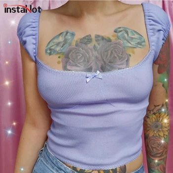 

InstaHot Sexy Purple tshirt Women Short Sleeve Crew Neck Crop Top Summer 2020 Casual Slim Bodycon Vintage TShirt Female Top 2020