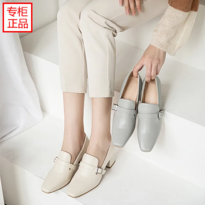 

2019 Spring New Style Europe And America Genuine Leather Square Head Belt Buckle Semi-high Heeled Chunky-Heel Women's Simple Cas