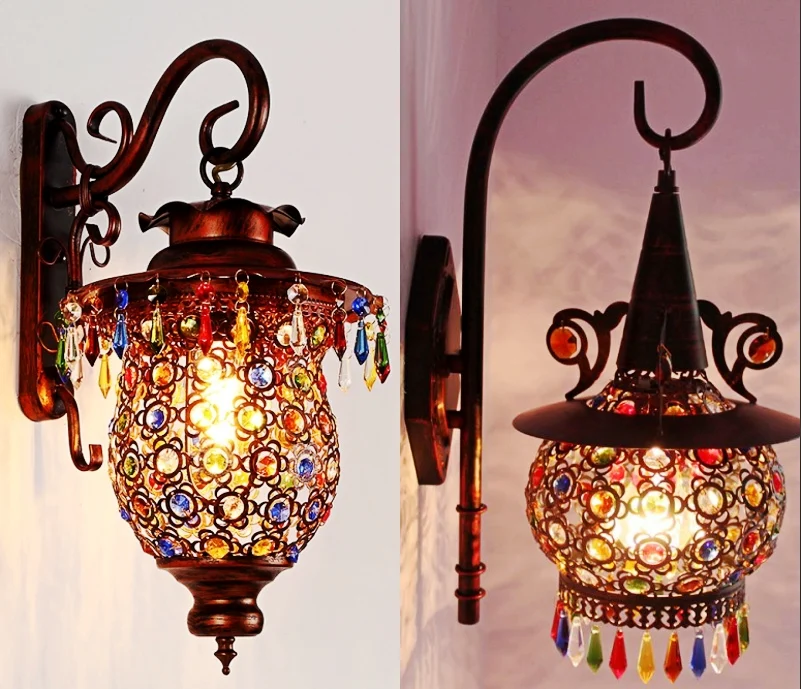 

Bohemian Coffee Wall Lamp Southeast Asia Style Lamps Lanterns Hollow Out Wrought Iron Crystal Corridor Lamp