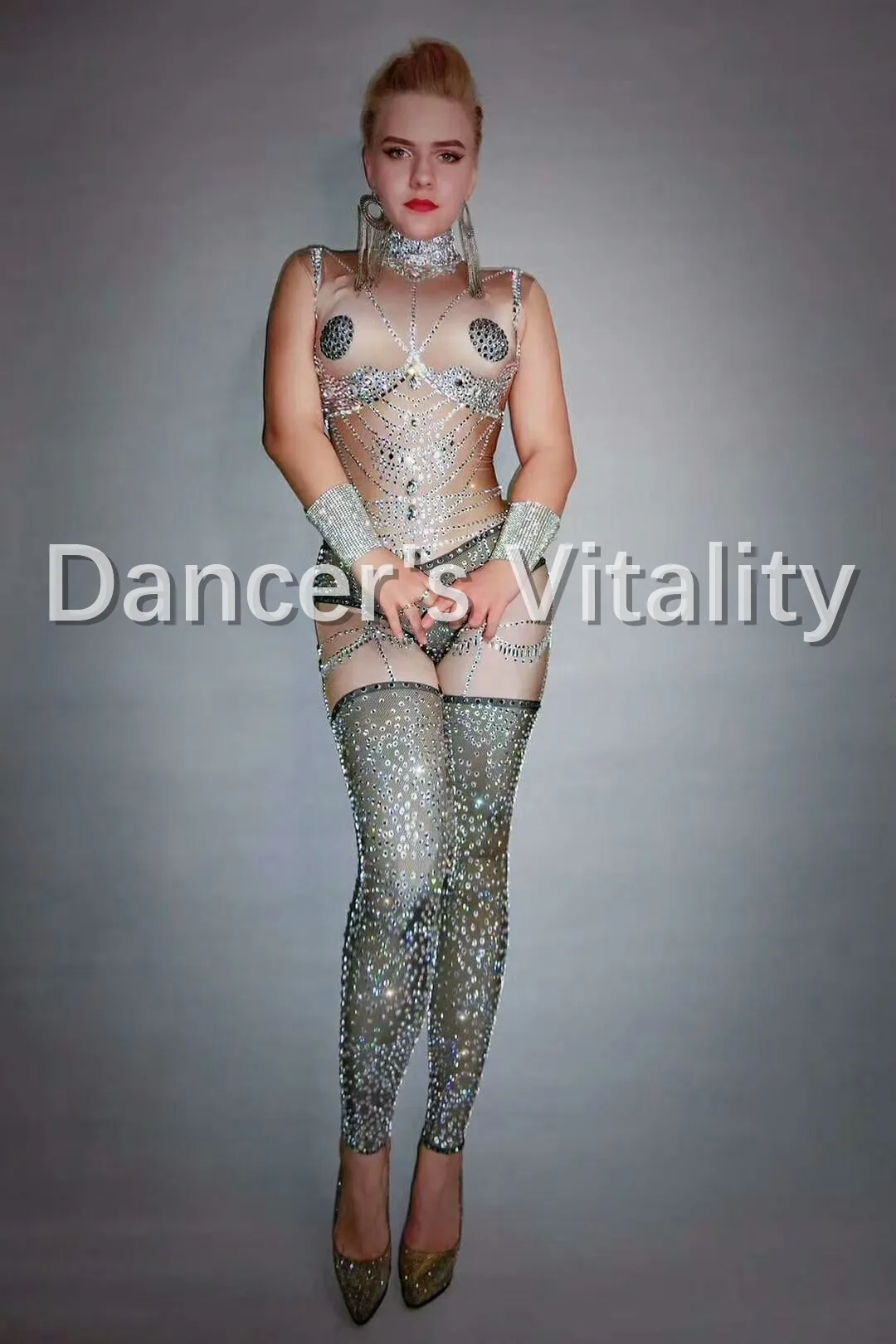 Сияющий Горный Хрусталь Печатный Комбинезон Sexy Dancer Певица Леггинсы Костюм Цельный Боди Ночная одежда Партии Wear Сексуальное Платье