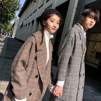 

2019 Autumn New Korean Version Of The Couple Long Paragraph Long-sleeved Solid Color Lapel Plaid Men's Casual Thick Woolen Coat