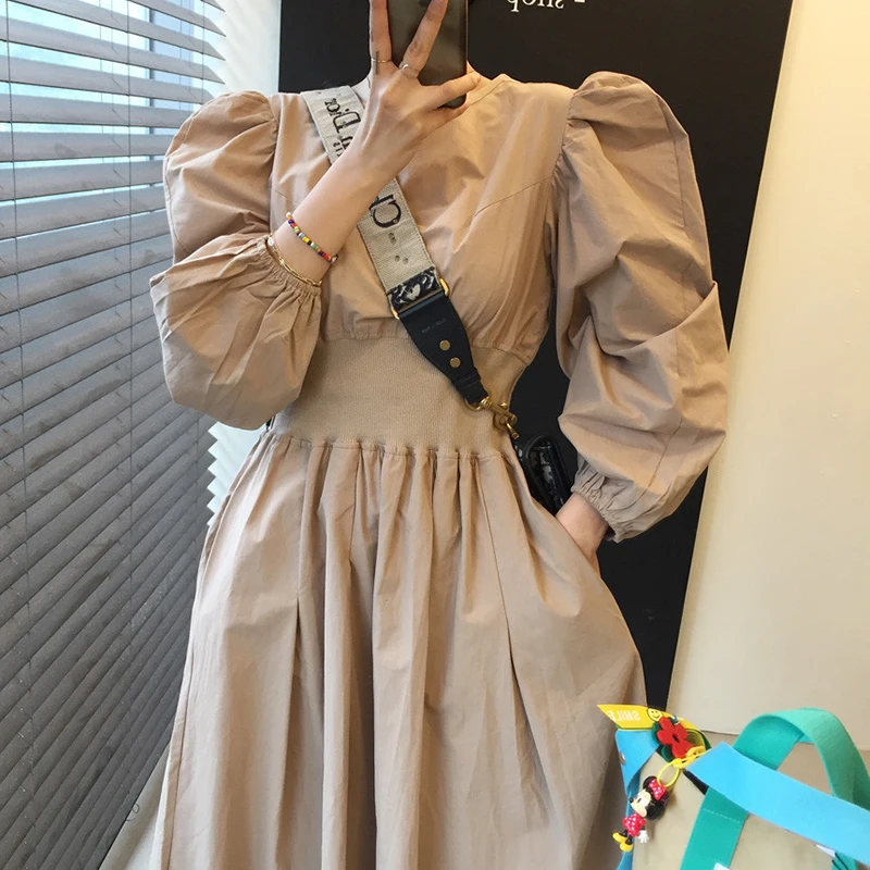

Solid A-Line Long Puff Sleeve Party Dresses for Women Autumn Korean High Waist Dress Spring Vintage Elegant Luxury 2022 Vestido