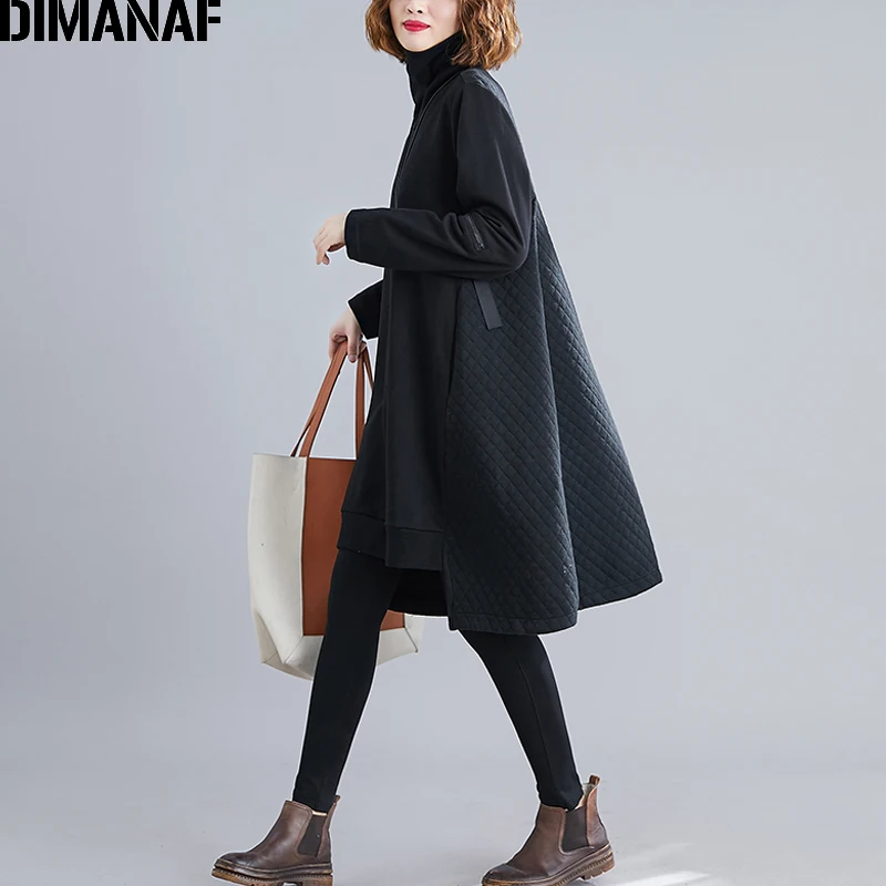 Ceny DIMANAF Winter Oversize damskie swetry topy damskie jednolite bluzy z kapturem bluzy bawełniane z golfem luźne Plus Size odzież damska nowe