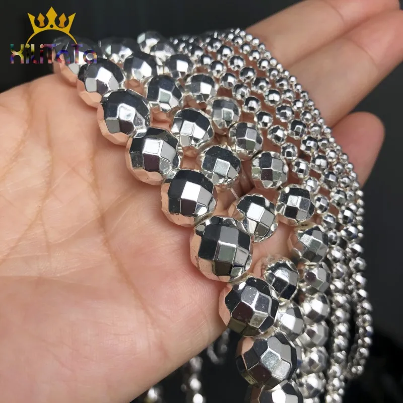 Facettierter Naturstein, versilbert, Hämatit, runde lose Perlen für Schmuckherstellung, DIY-Armband-Zubehör, 15''2/3/4/6/8/10/12 mm – Detail 11