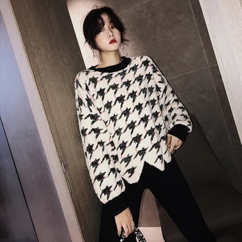 

Women Mohair Sweater Houndstooth Oversized Sweater 2019 New White Black O-neck Wave Hem Loose Pullovers Sweater Lazy Oaf Tops