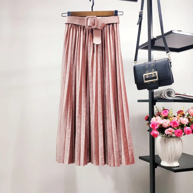 

2023 Autumn Winter New Simple Solid Gold Velvet Pleated Skirt High Waist Slim Casual Loose Women Belt Long Skirt Free Shipping
